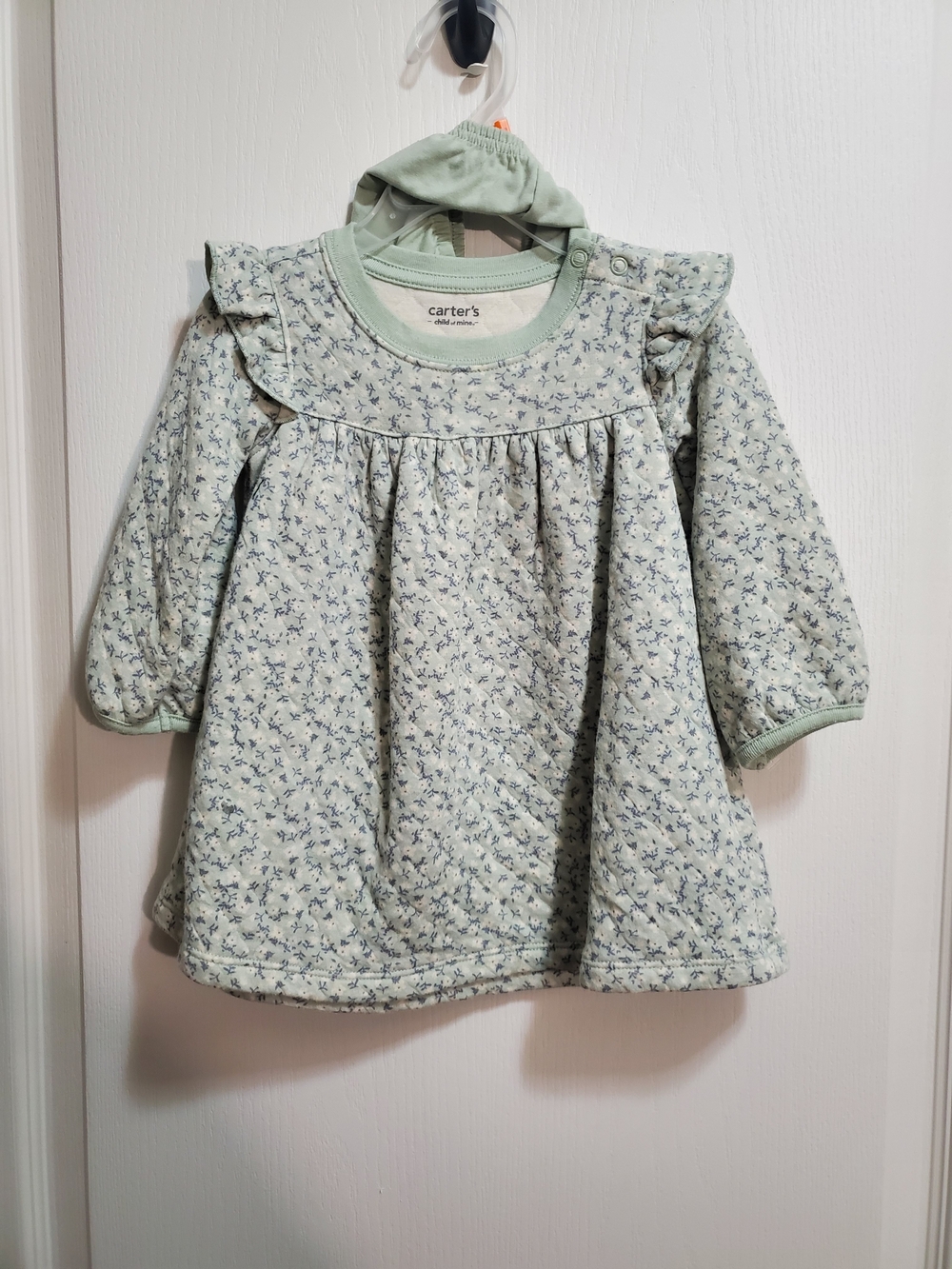 Carter's Mint Green Quilted Floral Long-Sleeve Dress & Mathing Diaper Cover 12m